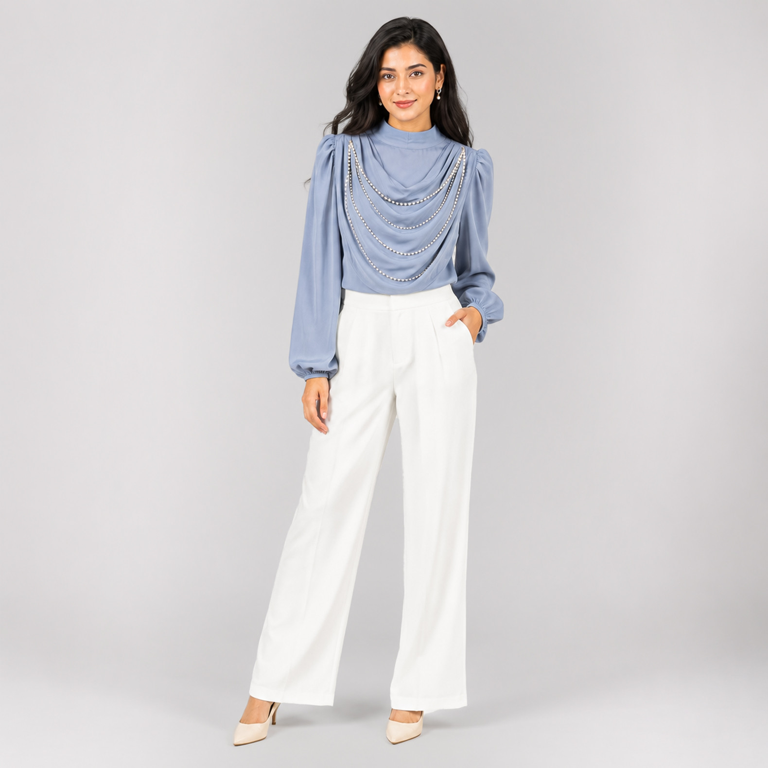 Elegant Blue Draped Neck Embellished Long Sleeve Top Elegant Blue Draped Neck Embellished Long Sleeve Top Elegant Blue Draped Neck Embellished Long Sleeve Top Elegant Blue Draped Neck Embellished Long