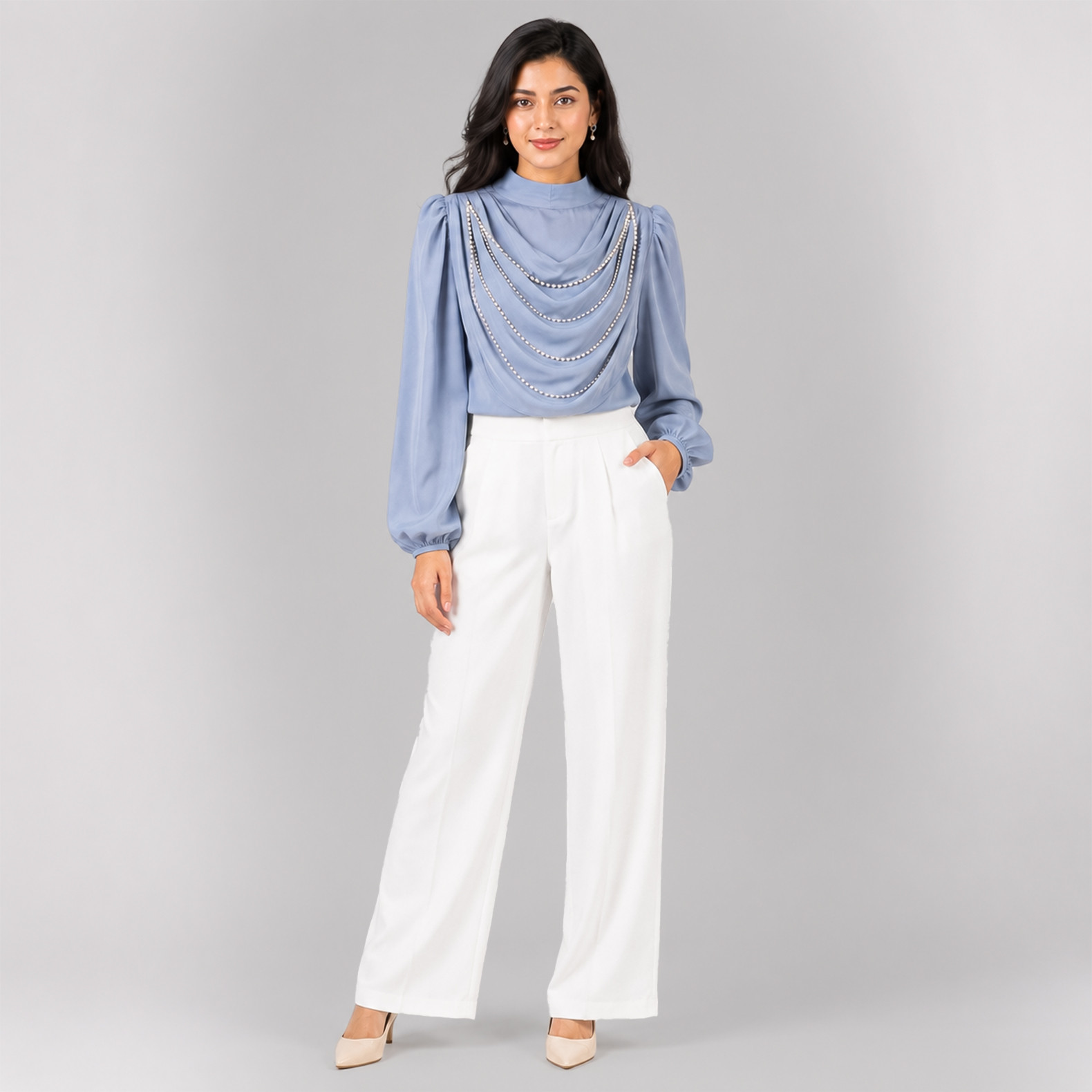 Elegant Blue Draped Neck Embellished Long Sleeve Top Elegant Blue Draped Neck Embellished Long Sleeve Top Elegant Blue Draped Neck Embellished Long Sleeve Top Elegant Blue Draped Neck Embellished Long