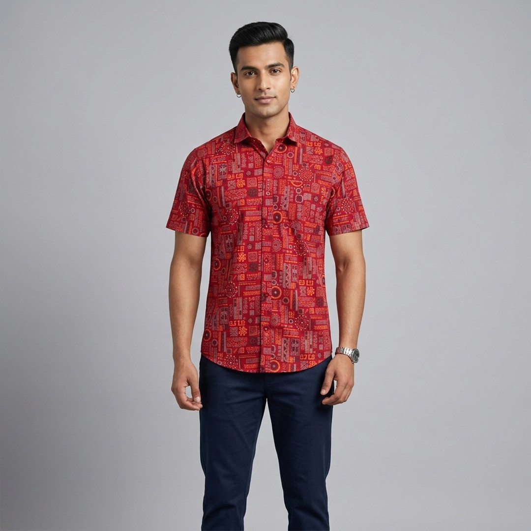 Premium Ethnic Print Casual Shirt - Crimson Red